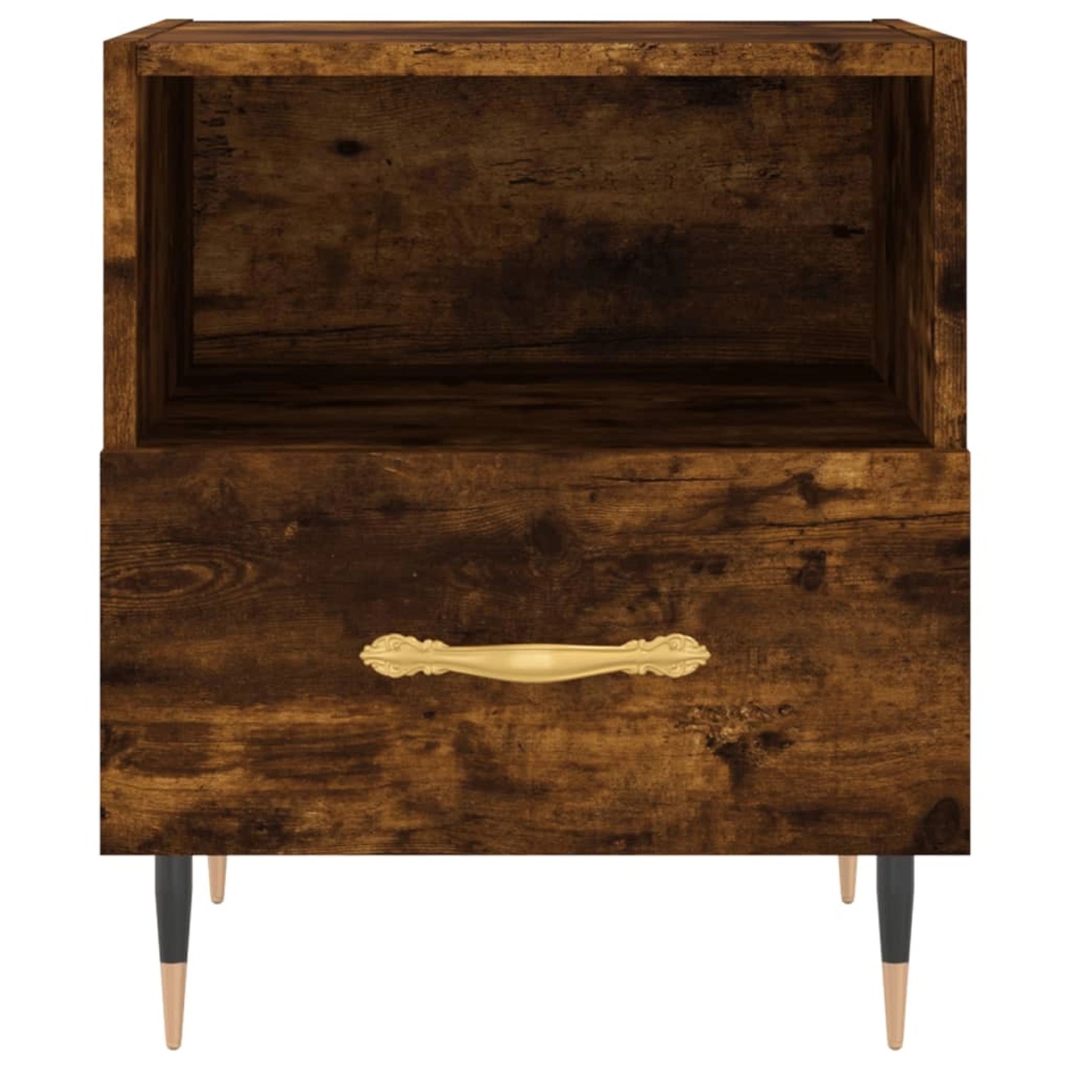 vidaXL Nachttisch Räuchereiche mit Schublade und offenem Fach, Holzwerkstoff und Metallfüße.