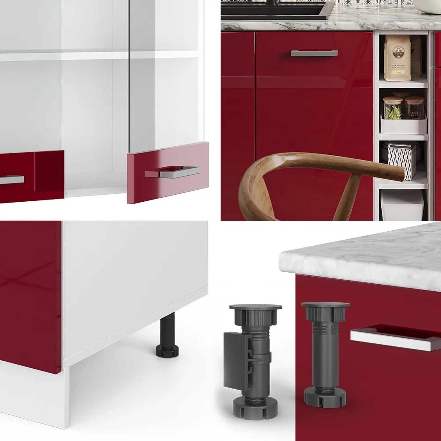 Vicco R-Line Singleküche, 160 cm, Bordeaux Hochglanz/Weiß, ohne Arbeitsplatte. Details der Küchenzeile.