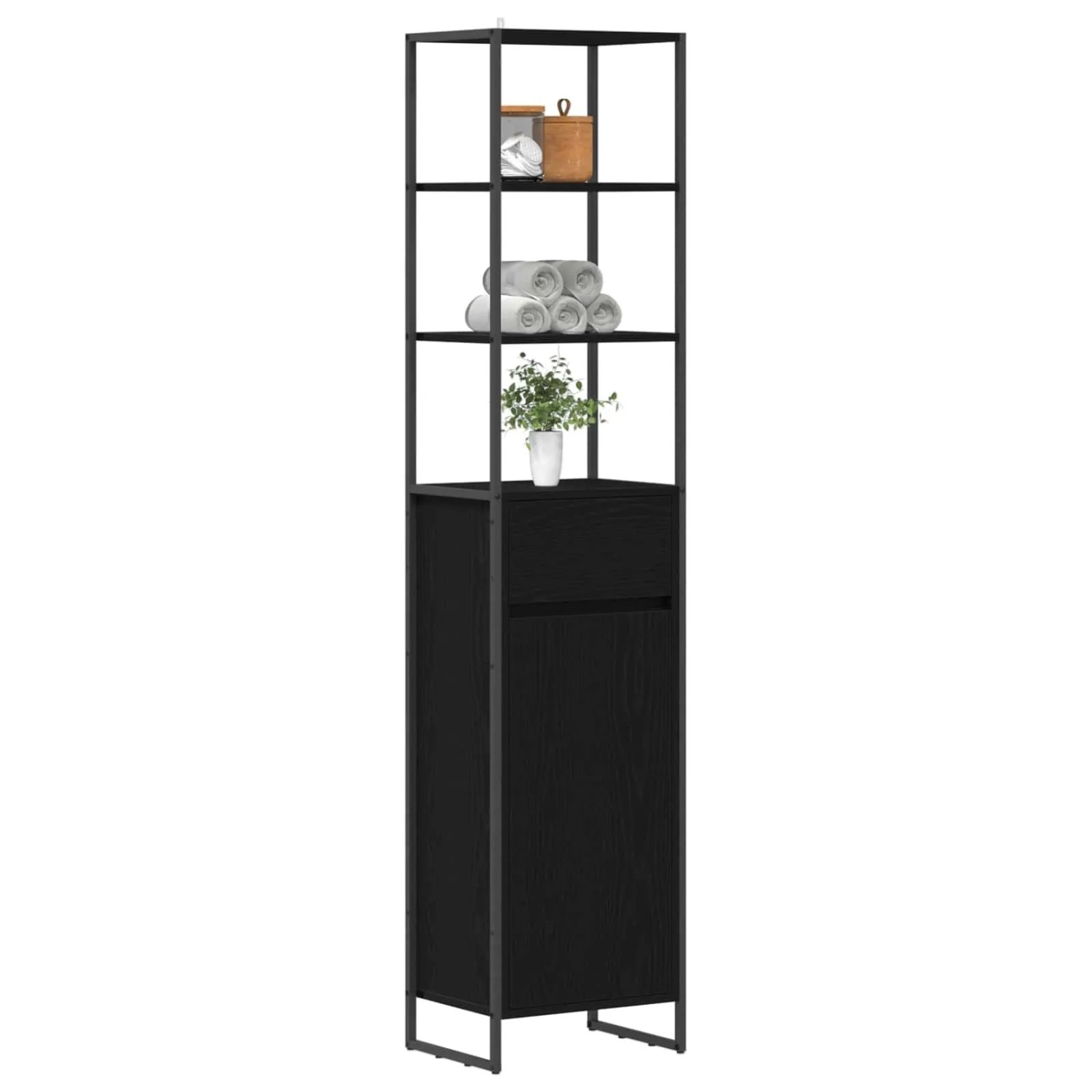 VidaXL Bad-Hochschrank in Schwarz Eichen-Optik, 40x30x180 cm, mit Tür und offenen Regalen.