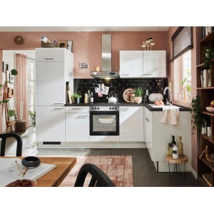 Moderne pino Eckküche in Weiß Hochglanz mit Arbeitsplatte in Pietra Grey und Elektrogeräten.