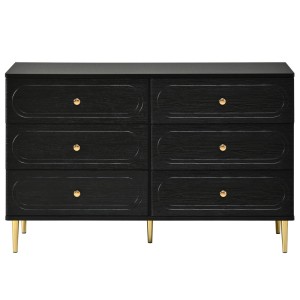 Schwarzes Merax Sideboard mit 6 Schubladen, ovalem Design und goldenen Metallfüßen. Eleganter Wohnzimmerschrank.