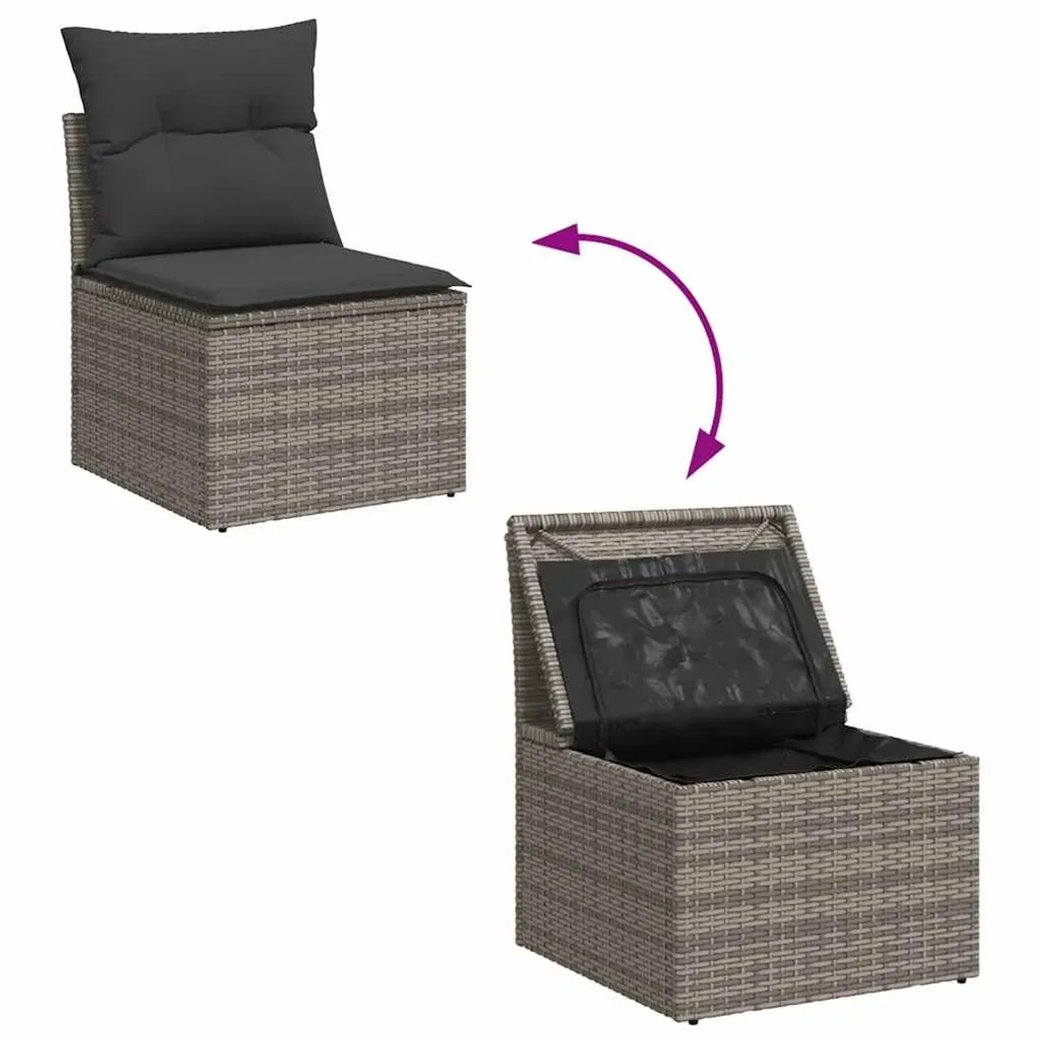 Graue 5-tlg. Garten-Sofagarnitur aus Rattan mit Kissen und Stauraum.