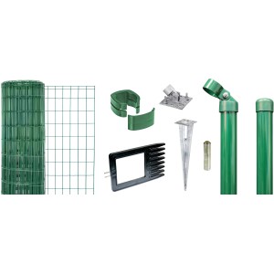 Metallzaun-Set Alberts Fix-Clip Pro, 153 cm hoch, 25 m lang, grün, mit Einschlagbodenhülsen und Zubehör.