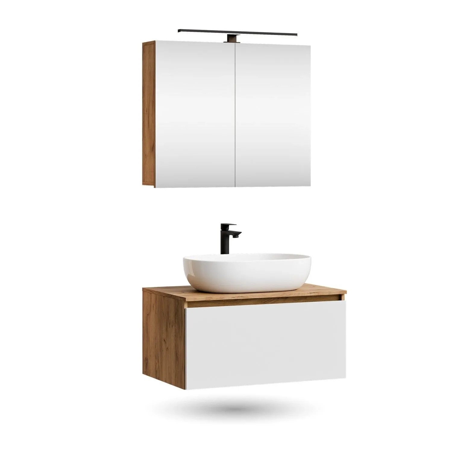 Planetmöbel ARISA Badmöbel Set 80 cm Weiß mit Spiegelschrank ARIA LED Leuchte und Aufsatzwaschbecken 60 cm Weiß Keramik Soft Close