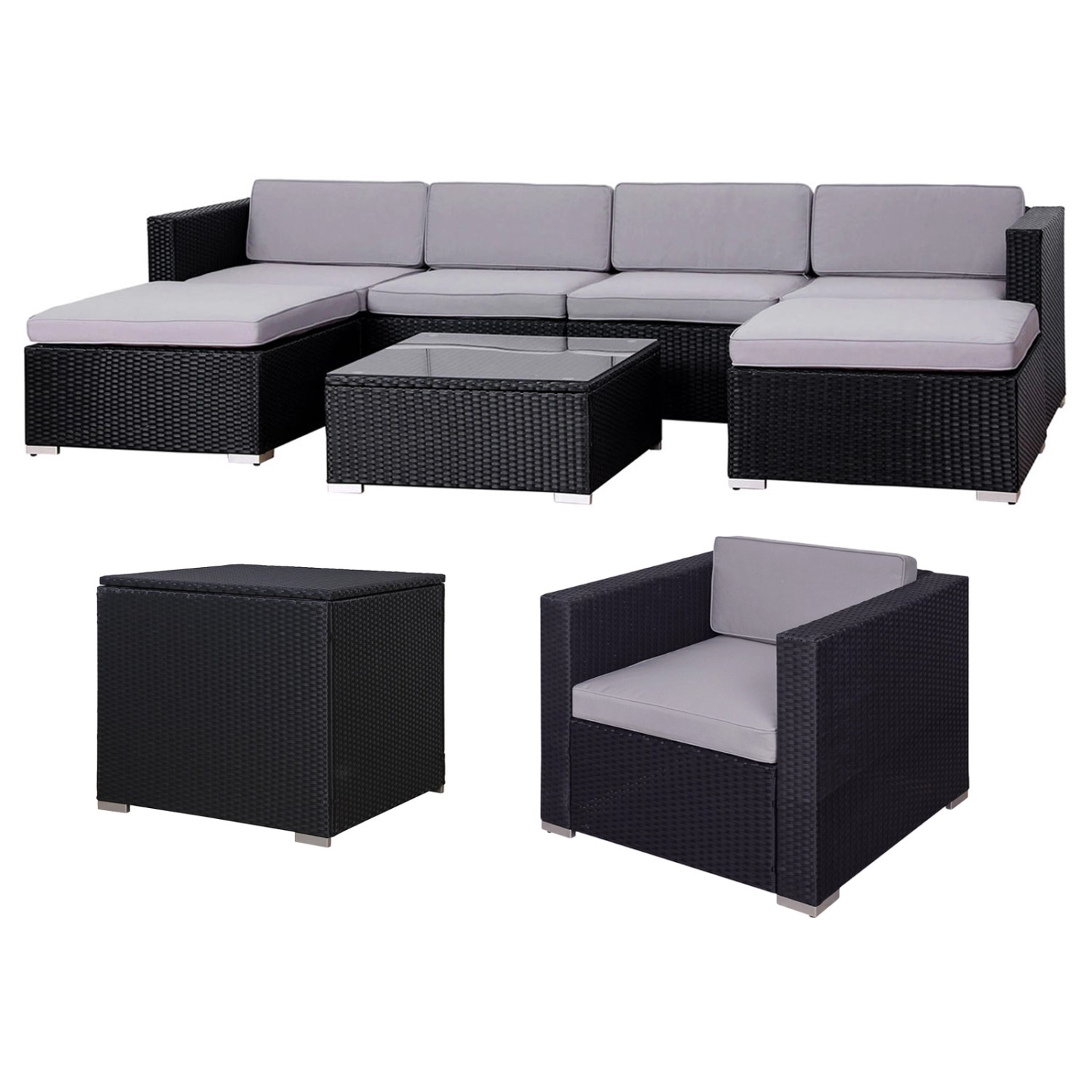 Svita Lugano XL Gartenlounge Polyrattan Sessel Tisch Bank Kissenbox Schwarz
