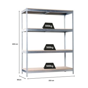 Verzinktes PROREGAL Schwerlastregal Wood Beast mit 4 Ebenen, 200x210x60 cm, Fachlast 500 kg.