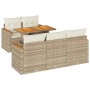 Beige 6-tlg. Garten-Sofagarnitur aus Rattan mit Kissen und Akazienholz-Tisch.