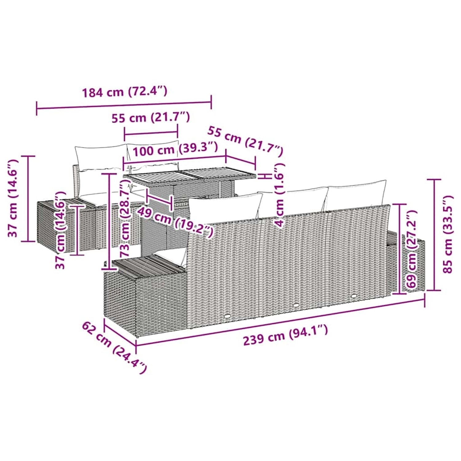 vidaXL Garten-Sofa-Set, 6-teilig, beige Poly Rattan, mit Maßangaben.