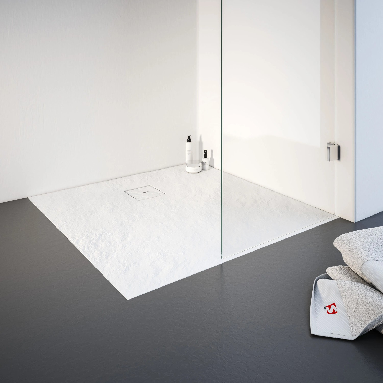 Quadratische, weiße Schulte Duschwanne ExpressPlus 90x90 cm aus Mineralguss mit Ablaufabdeckung.