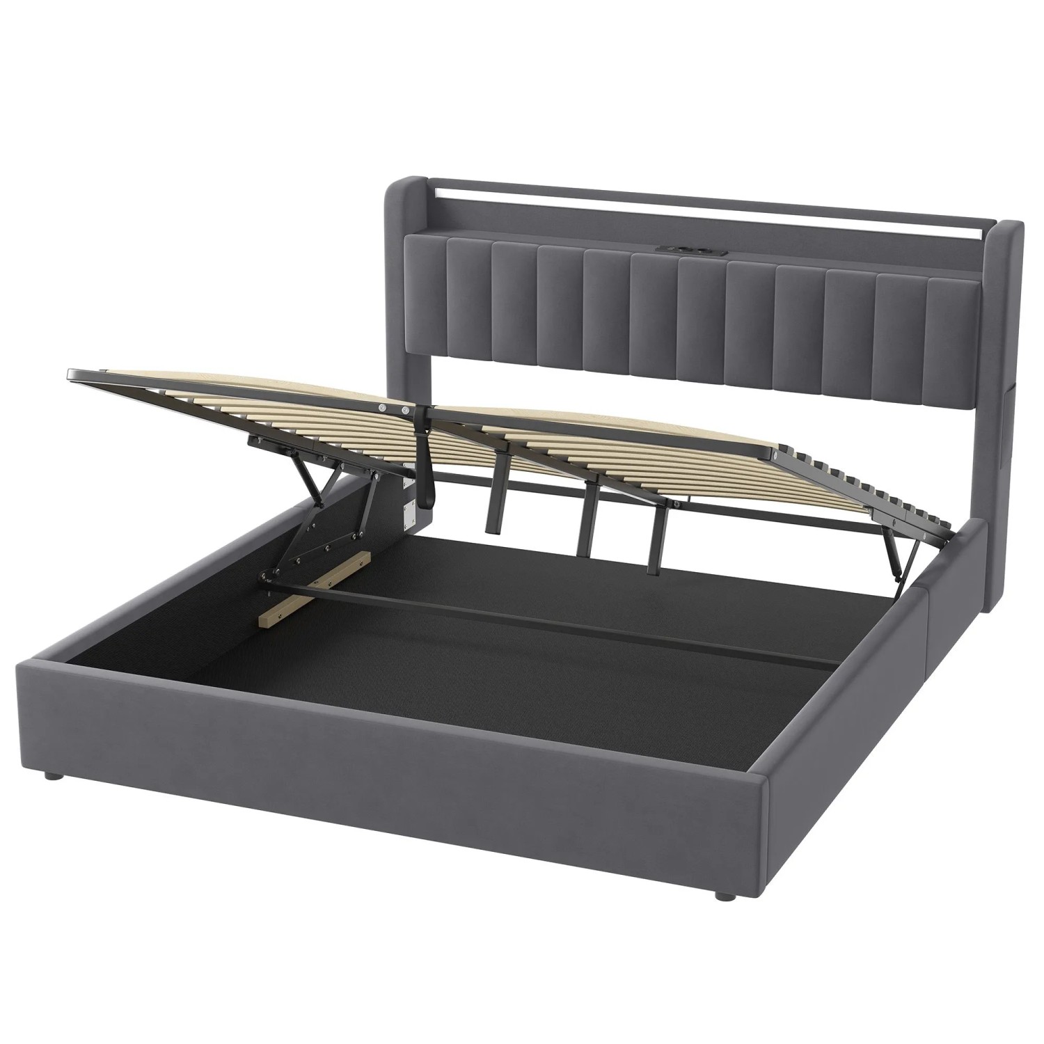 okwish Polsterbett mit Bettkasten LED-Licht Jugendzimmer mit Matratze 180x200cm Grau