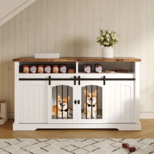 Weißer Hundekäfig-Schrank im Vintage-Design mit Holzplatte, Schiebetüren und zwei Fächern für Hunde.
