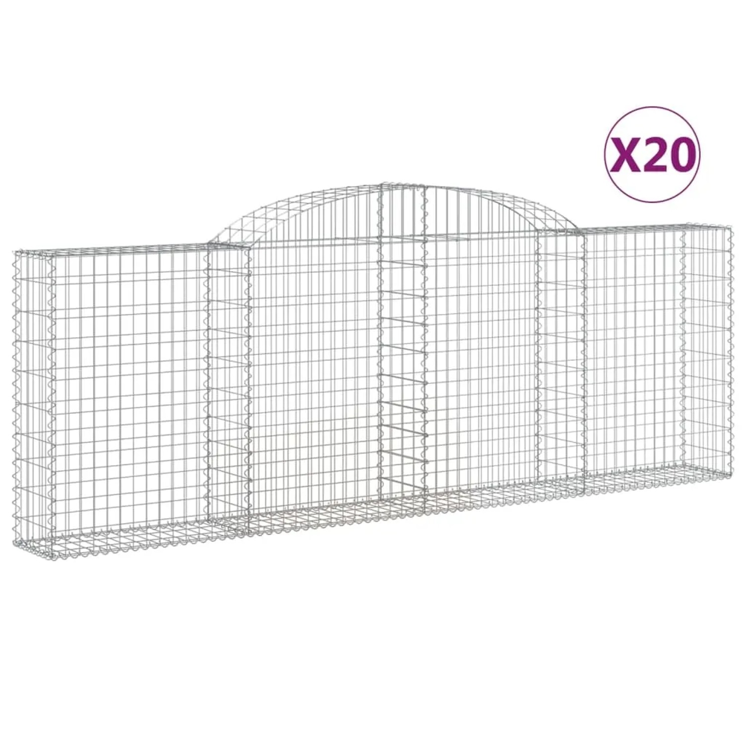 Set aus 20 vidaXL Gabionen mit Hochbogen, 300x30x100/120cm, aus verzinktem Eisen.