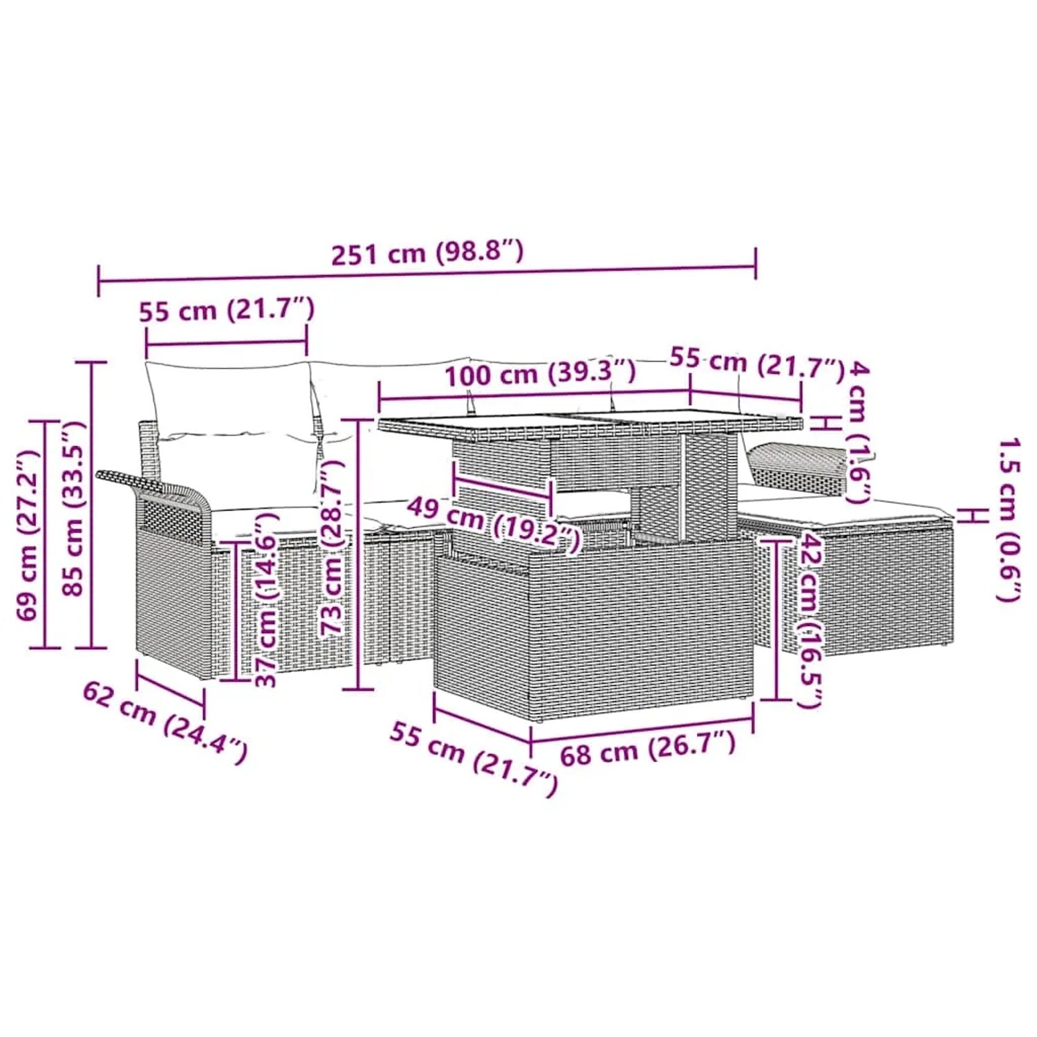 vidaXL Gartenmöbel Set, 6-teilig, Schwarz, Poly Rattan, mit Maßangaben