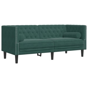 Dunkelgrünes 2-Sitzer Chesterfield Sofa aus Samt mit Nackenrollen.