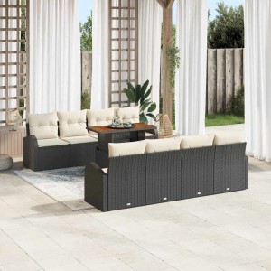 Schwarzes 9-teiliges vidaXL Garten-Sofa-Set aus Poly Rattan mit Tisch und Stauraum.