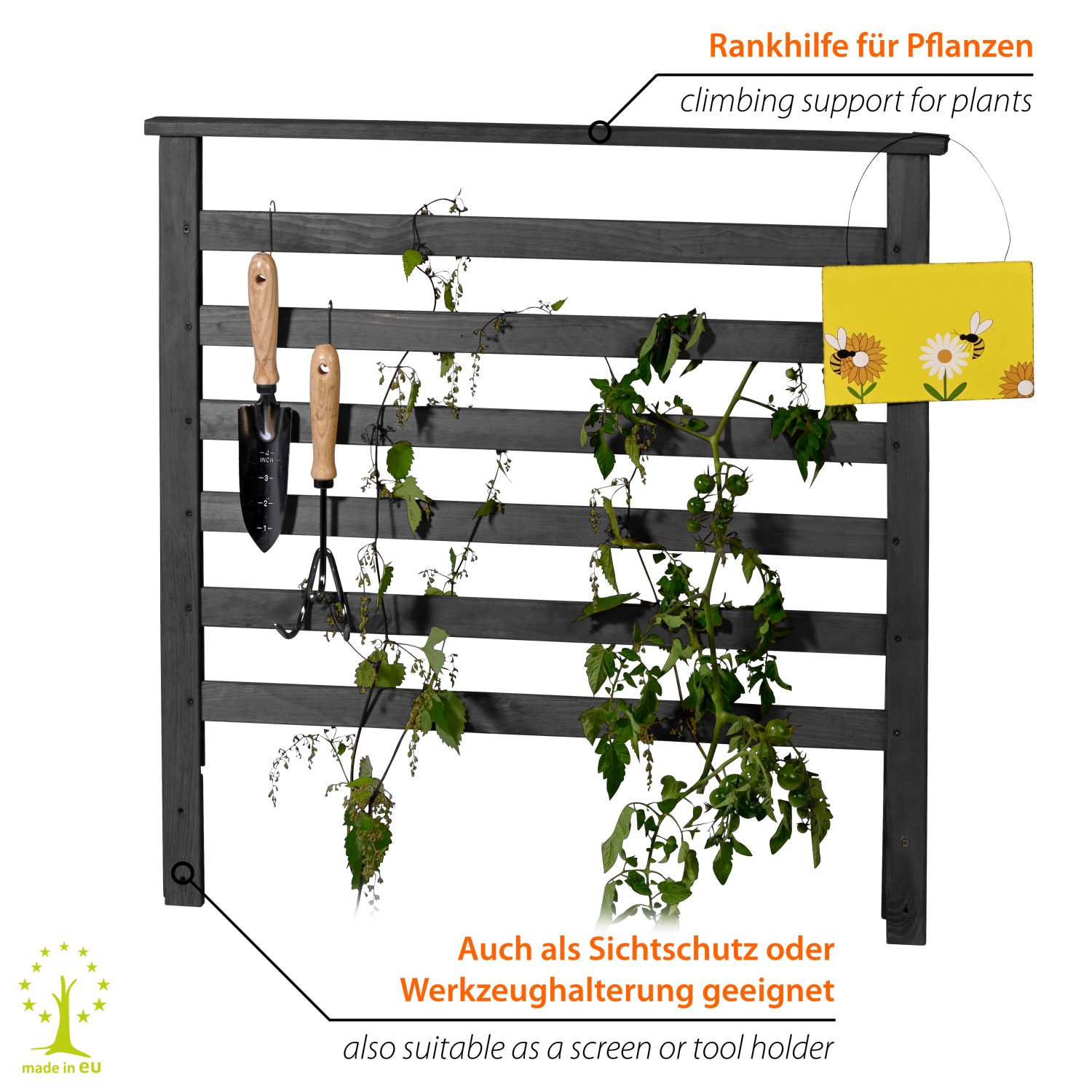 Anthrazitfarbener Dobar Rankgitter-Aufsatz Magic Kubus 2.0 für Hochbeete mit Pflanzen und Gartengeräten.