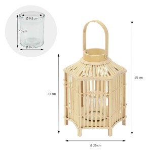 Bambus Laterne (H45cm) im Boho Stil mit Kerzenglas, Holzfarbe. Dekorative Laterne für Innen und Außen.