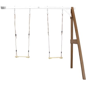 Axi Doppel-Anbauschaukel aus Holz in Braun und Weiß mit zwei Schaukelsitzen.