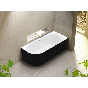 Moderne schwarz-weiße Eck-Whirlpool-Badewanne (180x80 cm) im Bad. Light- & Silent-System für Entspannung.