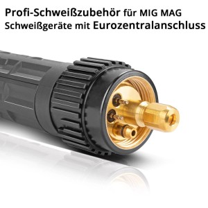 Eurozentralanschluss für MIG MAG Schweißbrenner. Detailansicht der Messingkontakte am Schlauchpaket.