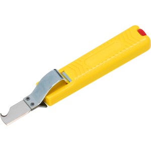 Gelbes Jokari Kabelmesser mit Hakenklinge zum Abmanteln von Kabeln.