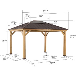 Sunjoy Gazebo Bruri Zedernholz, 393x335cm, braun. Holzpavillon mit Maßen.