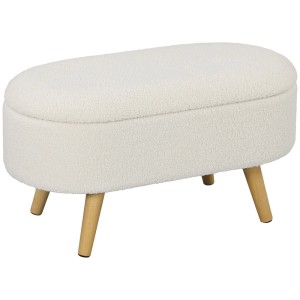 Weiße ovale HOMCOM Sitzbank mit Teddysamt-Bezug und Stauraum, auf hellen Holzbeinen. Polsterbank 82x41x45 cm.