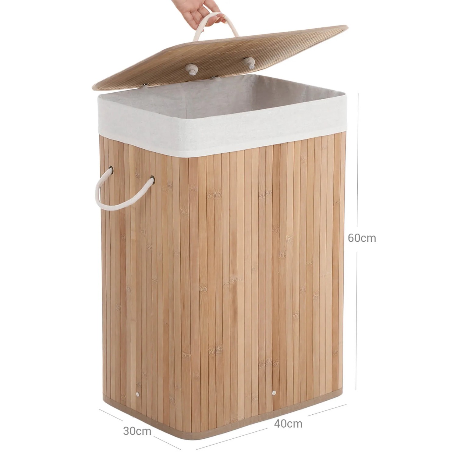 Songmics Wäschetonne Holzfarbe, 72L, mit Deckel und herausnehmbarem Wäschesack.