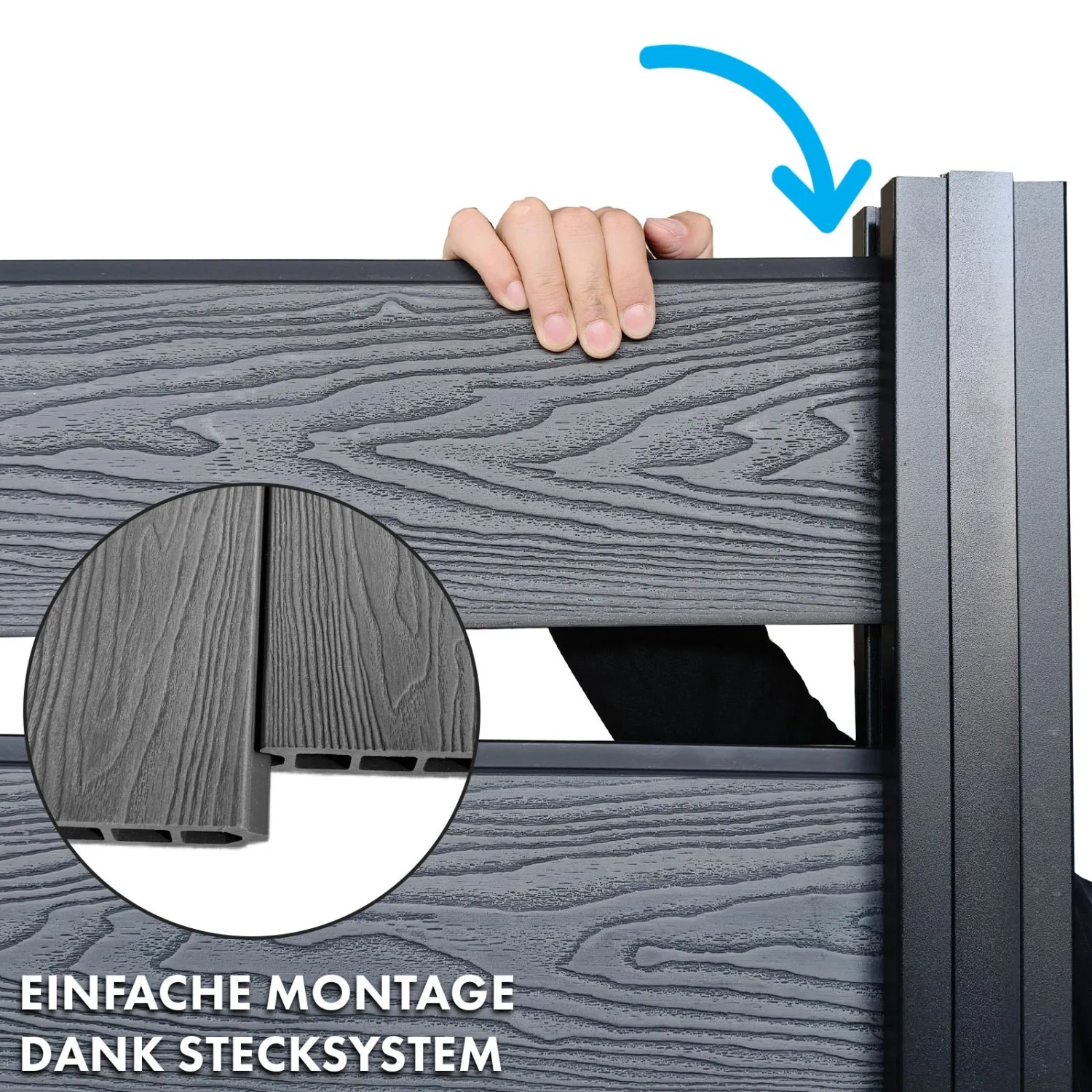 Detailaufnahme: KARAT WPC Sichtschutzzaun Kronos Komplettset, Farbe Ash Grey, einfache Montage dank Stecksystem.