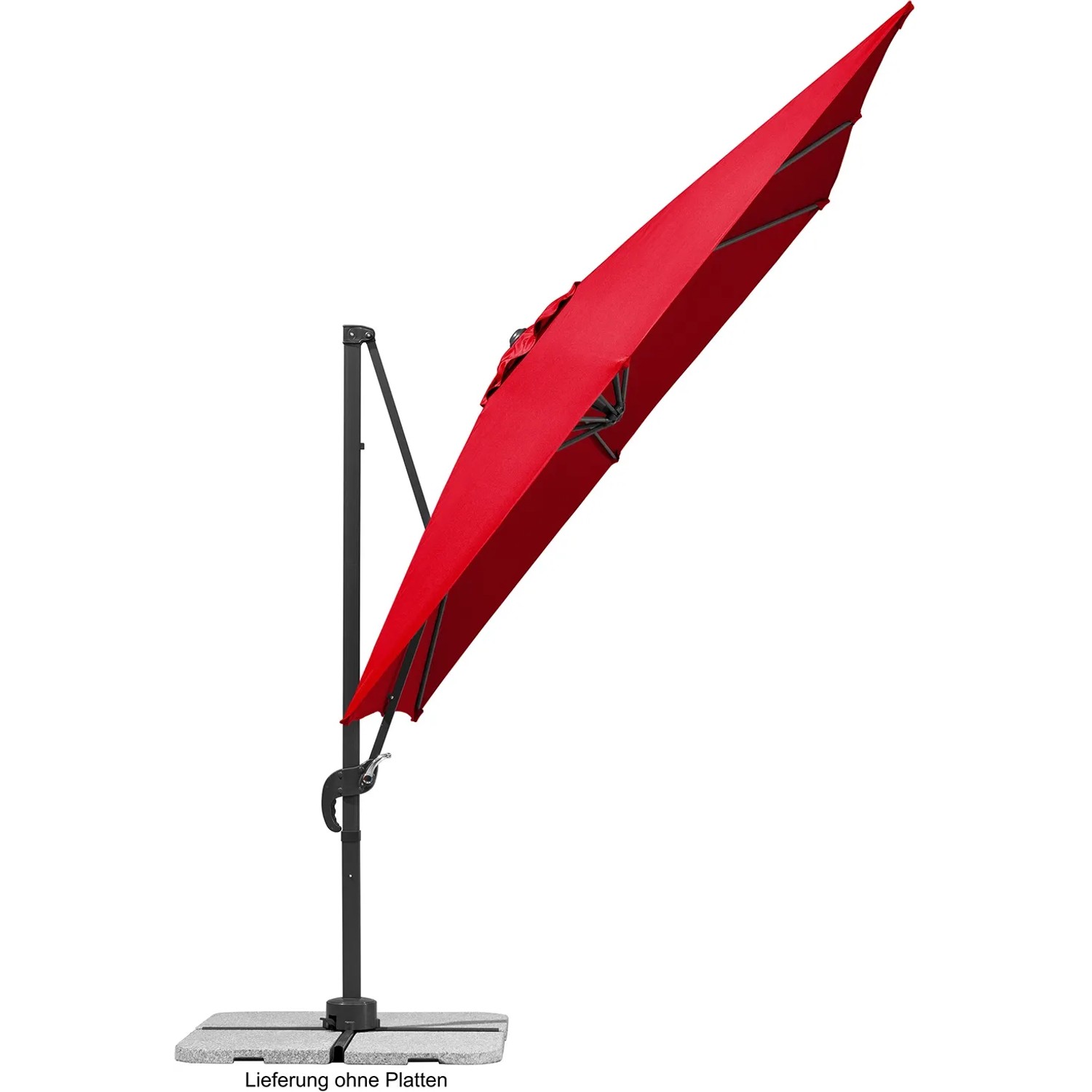Roter Schneider Ampelschirm (340x270 cm) mit Dreh- und Neigefunktion, auf Schirmständer montiert.