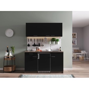 Respekta Küchenzeile KB150EYS, 150 cm, Schwarz/Eiche York Nachbildung mit E-Geräten.