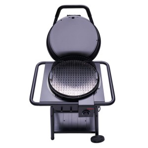 Schwarzer Char-Broil Elektrogrill Patio Bistro E2Coal mit offenem Deckel und Grillrost.