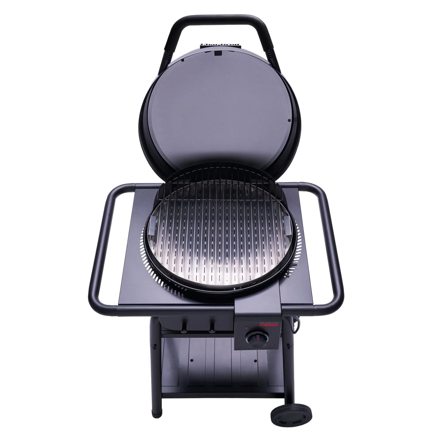Schwarzer Char-Broil Elektrogrill Patio Bistro E2Coal mit offenem Deckel und Grillrost.