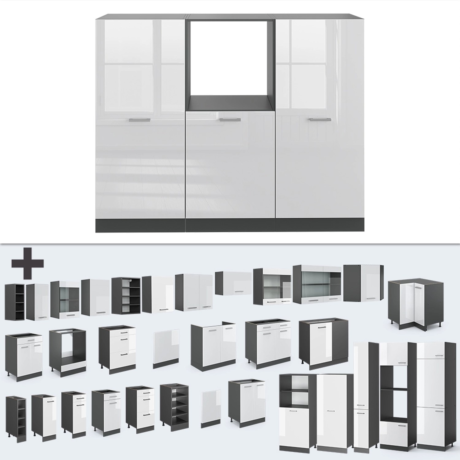Vicco R-Line Küchenblock 180cm, Weiß Hochglanz/Anthrazit, ohne Arbeitsplatte, verschiedene Module.