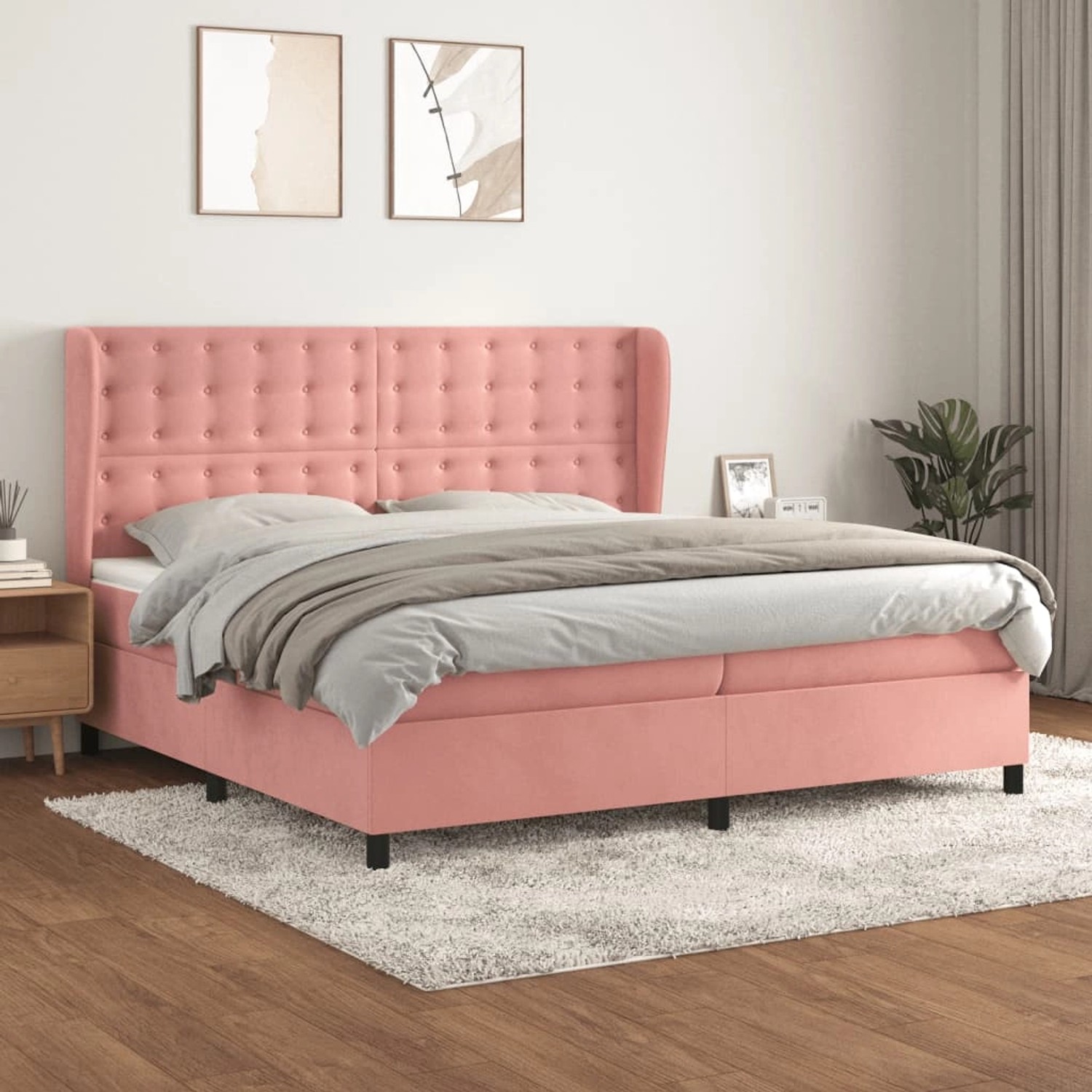 Rosa vidaXL Boxspringbett 200x200 cm mit Samtbezug, inklusive Matratze und Topper.