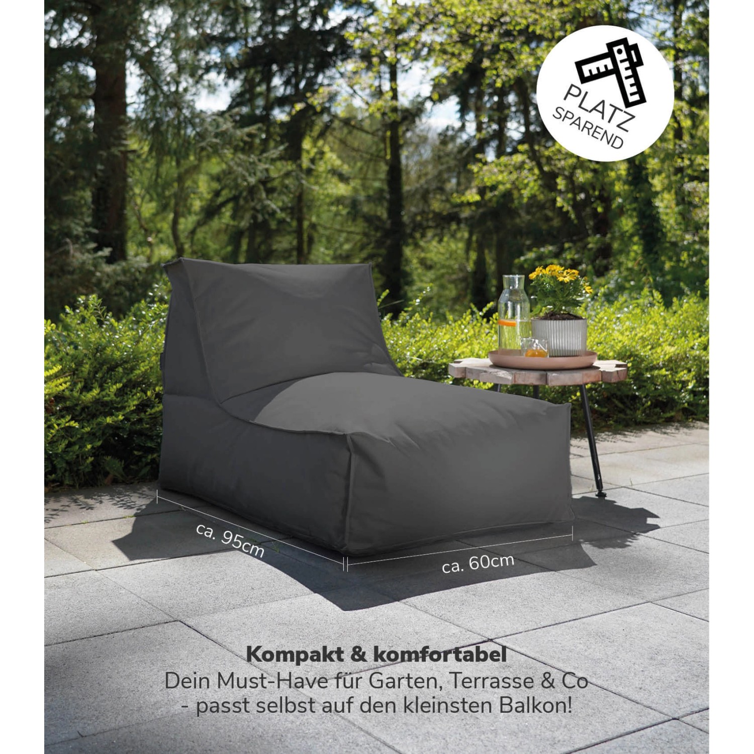 Grauer mokebo Sitzsack mit Hocker für Kinder/Erwachsene im Garten. Bequemer Outdoor Gartenstuhl.