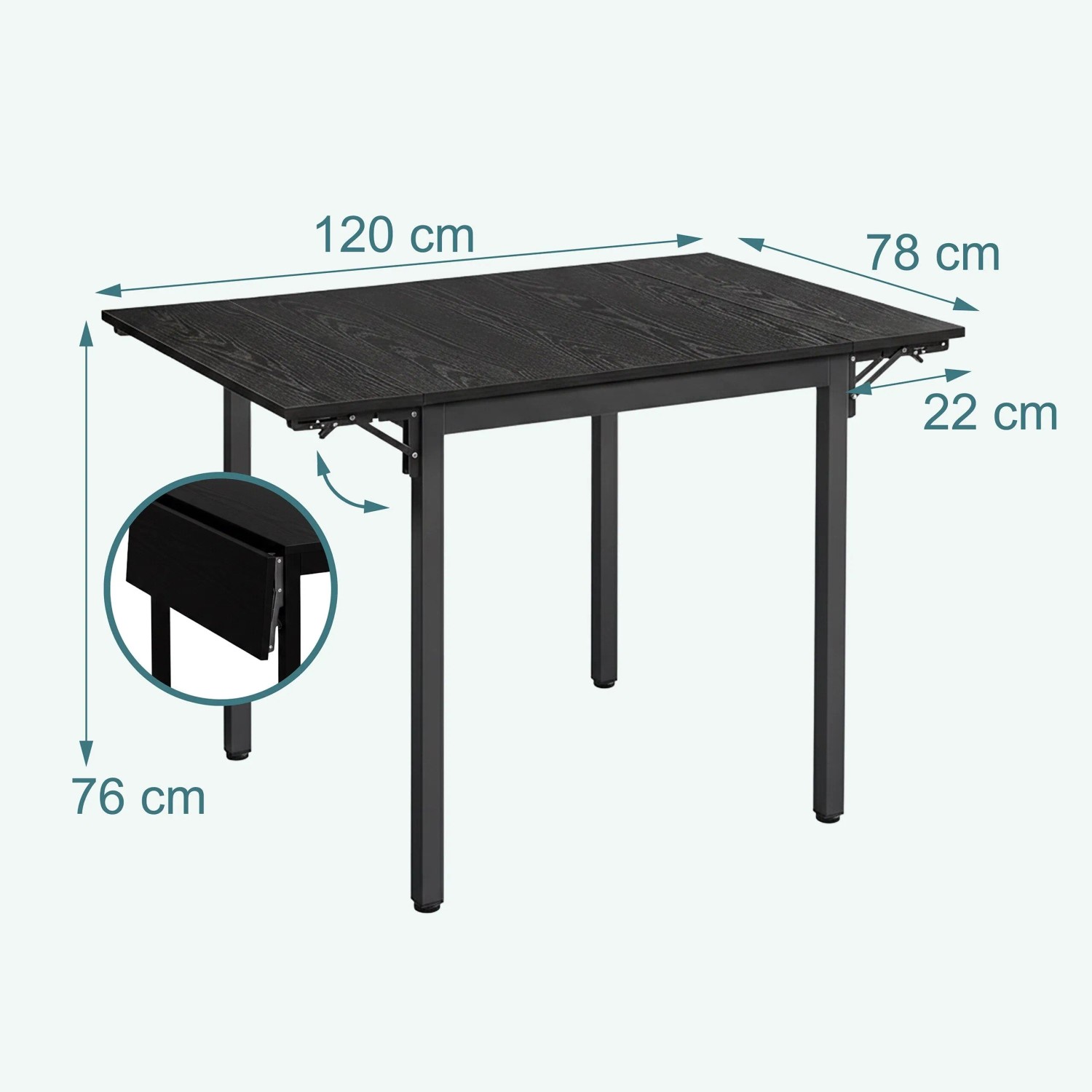 Relaxdays Esstisch MDF Eisen Holzoptik Schwarz Klappbar 76 cm x 120 cm x 78 cm_4