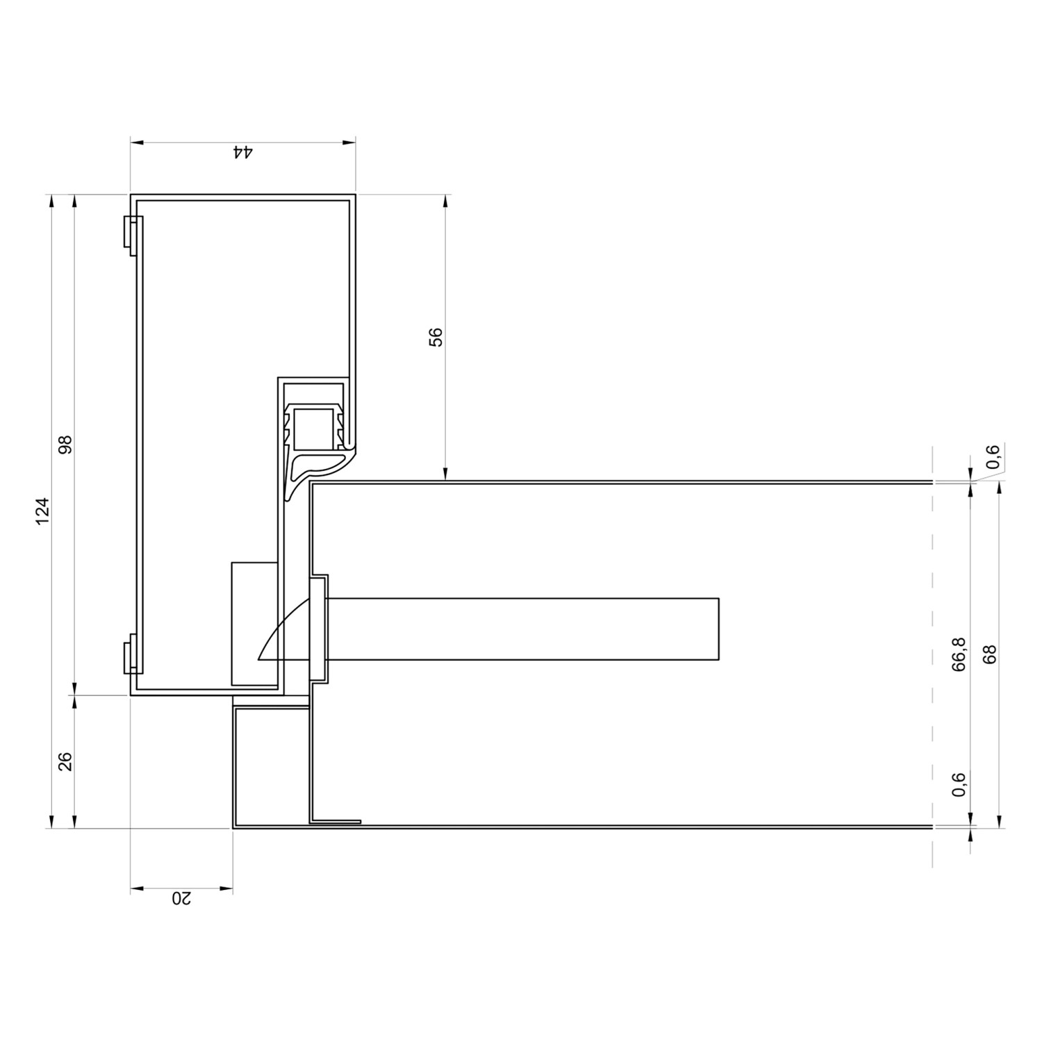 Technische Zeichnung Pordo Stahl-Nebeneingangstür G1, Anschlag links, mit Maßangaben.