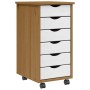 vidaXL Rollschrank MOSS, honigbraun, Kiefer massiv, mit 6 weißen Schubladen und Rollen.