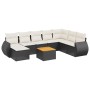 Schwarze 9-tlg. vidaXL Garten-Sofagarnitur aus Polyrattan mit cremeweißen Kissen und Akazientisch.