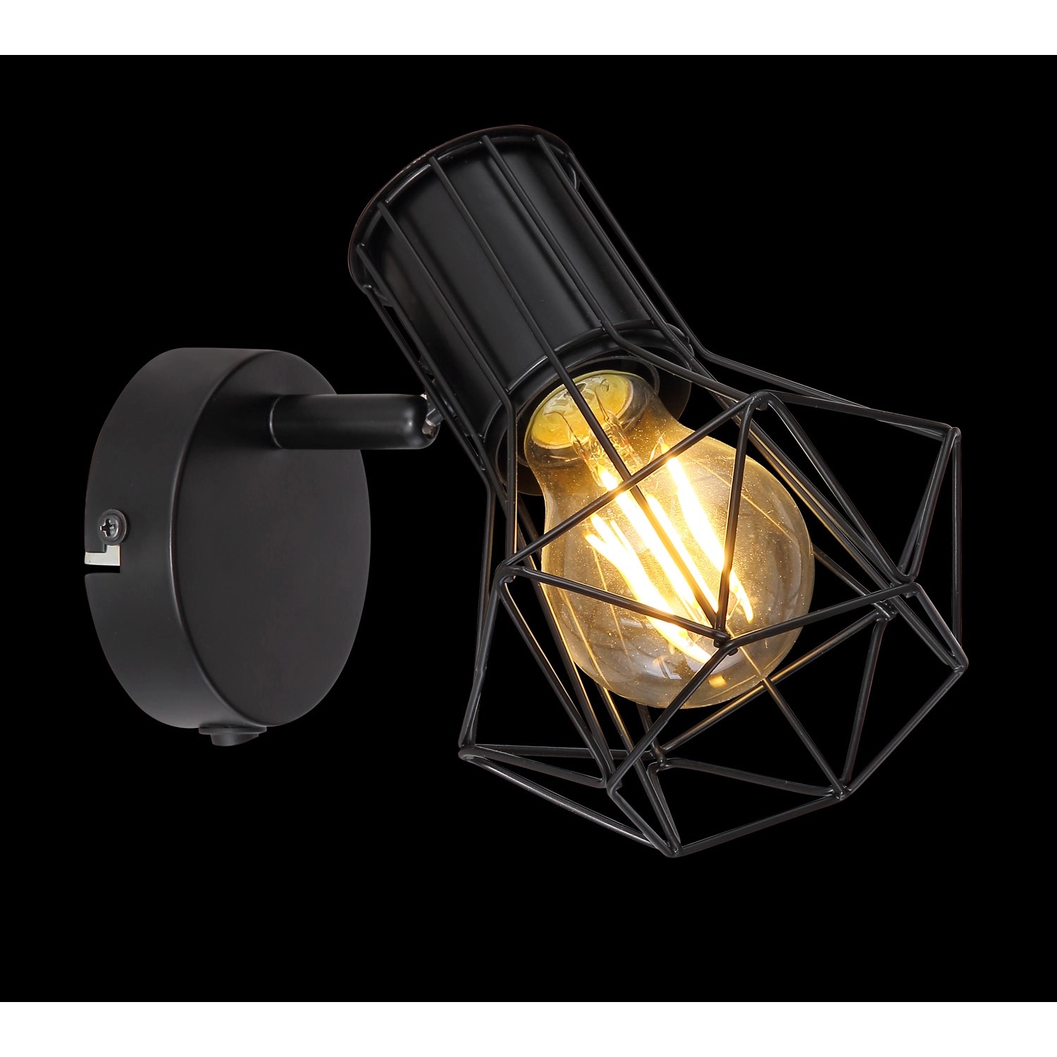 Schwarzer Globo Wandstrahler Priska mit E27 Fassung und Gitter-Design.