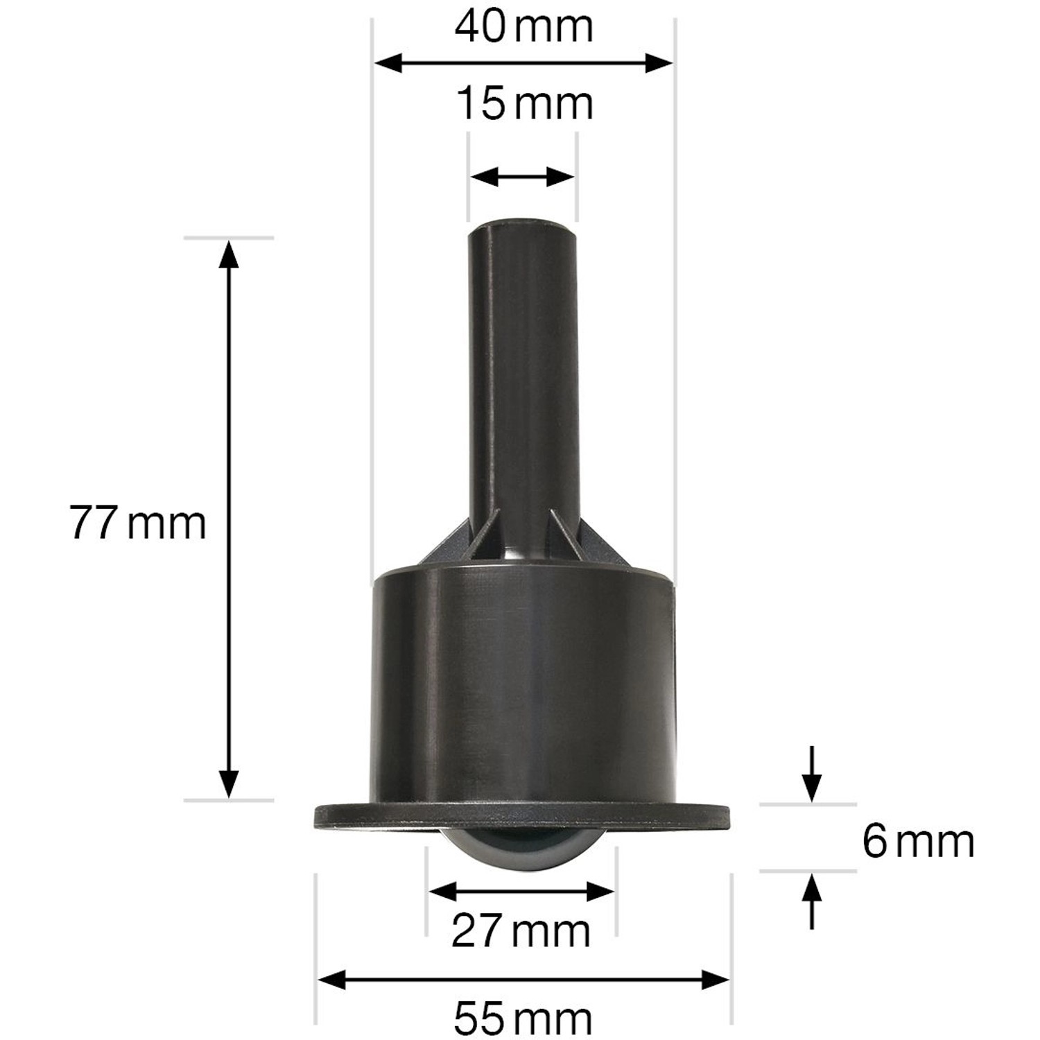 Schwarze Wagner Tischauszugsrolle aus Kunststoff, Ø 27 mm, Tragkraft 32 kg. Rolle für Ausziehtische.