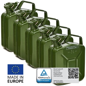 Fünf olivgrüne 5L Metall Kraftstoffkanister, TÜV-geprüft, für Benzin, Diesel & E10, Made in Europe.