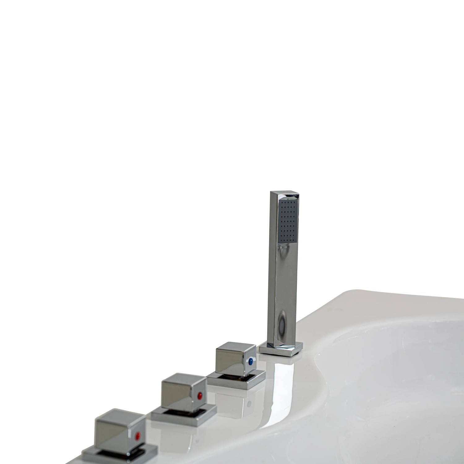 Detailansicht der Basera® Nendo Eck-Whirlpool Badewanne mit Armaturen in Chrom.
