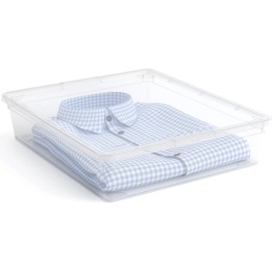 Transparente Aufbewahrungsbox C Flat mit Deckel, gefüllt mit Hemden. Ideal zur Lagerung und Organisation.