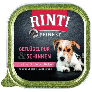 Rinti Feinest Hunde-Nassfutter Geflügel & Schinken, 150g Schale. Alleinfutter für ausgewachsene Hunde.