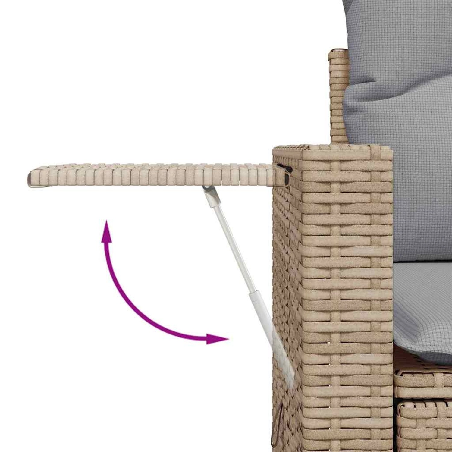 Detailaufnahme: Ausklappbarer Tisch am beigen Poly Rattan Gartenmöbel-Set von vidaXL.