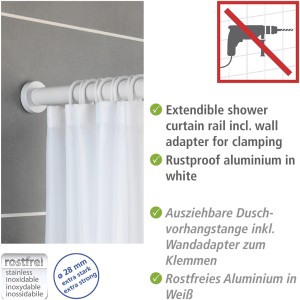 Wenko Teleskop-Duschstange Luz, ausziehbar, weiß, mit Duschvorhang.