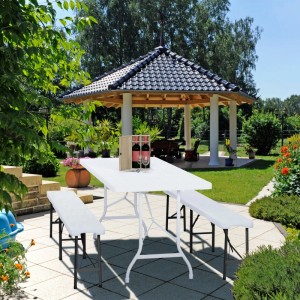 Relaxdays Bierbank 2er Set Kunststoff Stahl Weiß Klappbar 240 cm x 43 cm x 30 cm