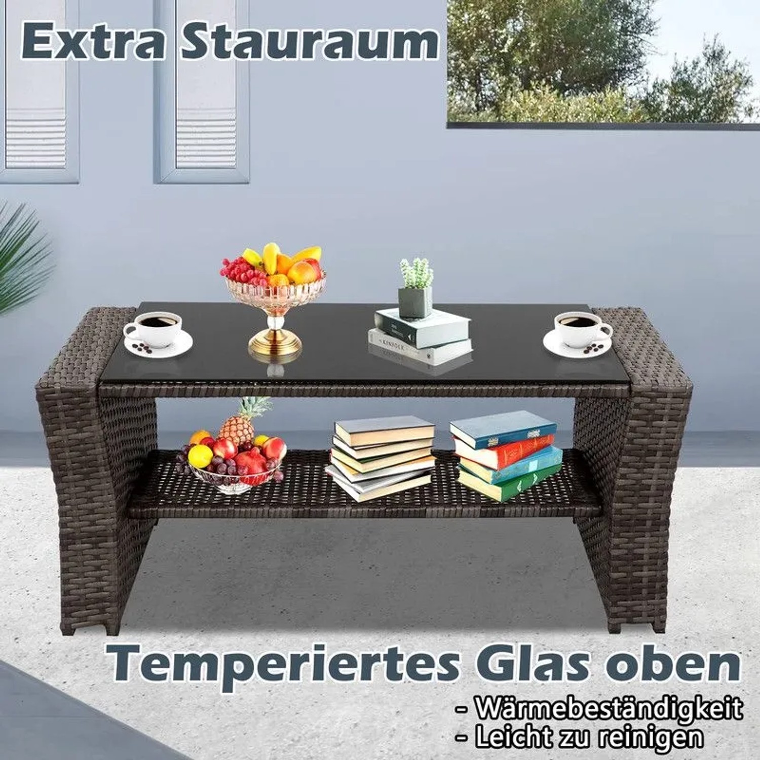 MeXo Polyrattan Gartentisch, anthrazit, mit gehärteter Glasplatte und extra Stauraum. Ideal für Balkonmöbel Sets.
